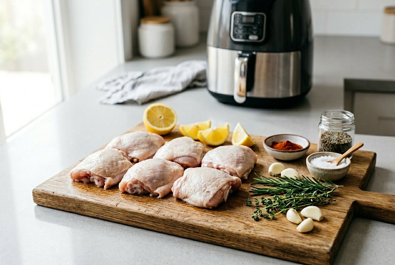 Raw chicken thighs on a cutting board surrounded by fresh herbs, spices, and lemon wedges in a kitchen setting with an air fryer in the background.