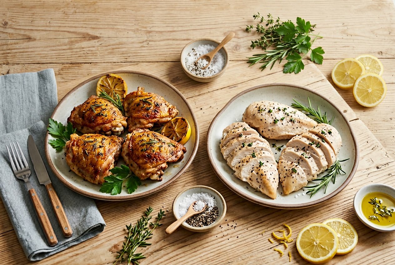 Two plates on a kitchen table, one with cooked chicken thighs and the other with cooked chicken breasts, surrounded by fresh ingredients.