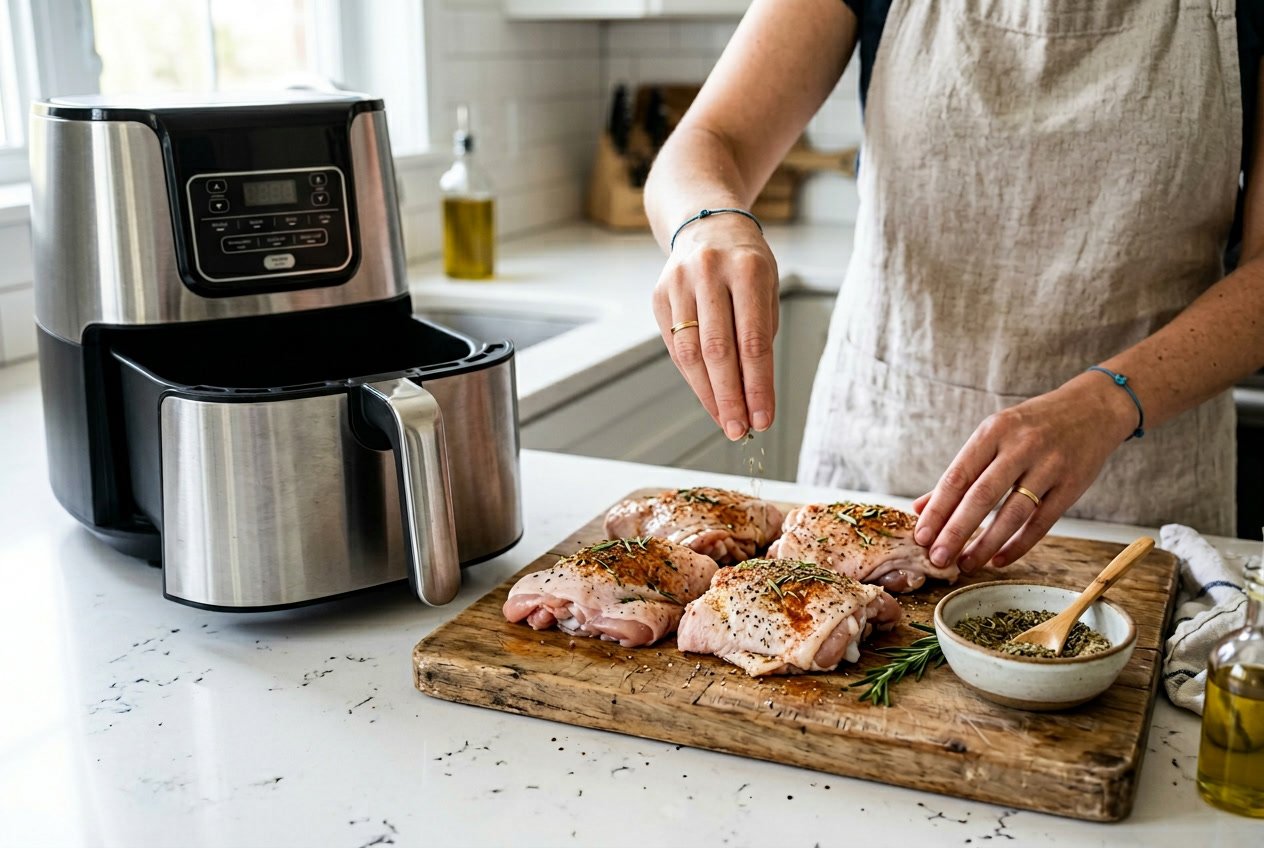 Hands seasoning raw chicken thighs on a cutting board next to an open air fryer in a kitchen.