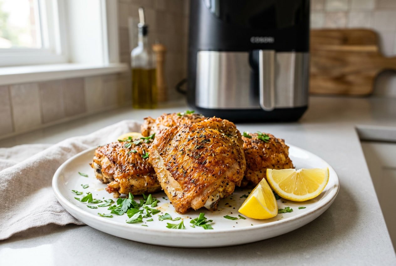 Plate of crispy cooked chicken thighs garnished with parsley and lemon wedges on a kitchen countertop with an air fryer in the background.