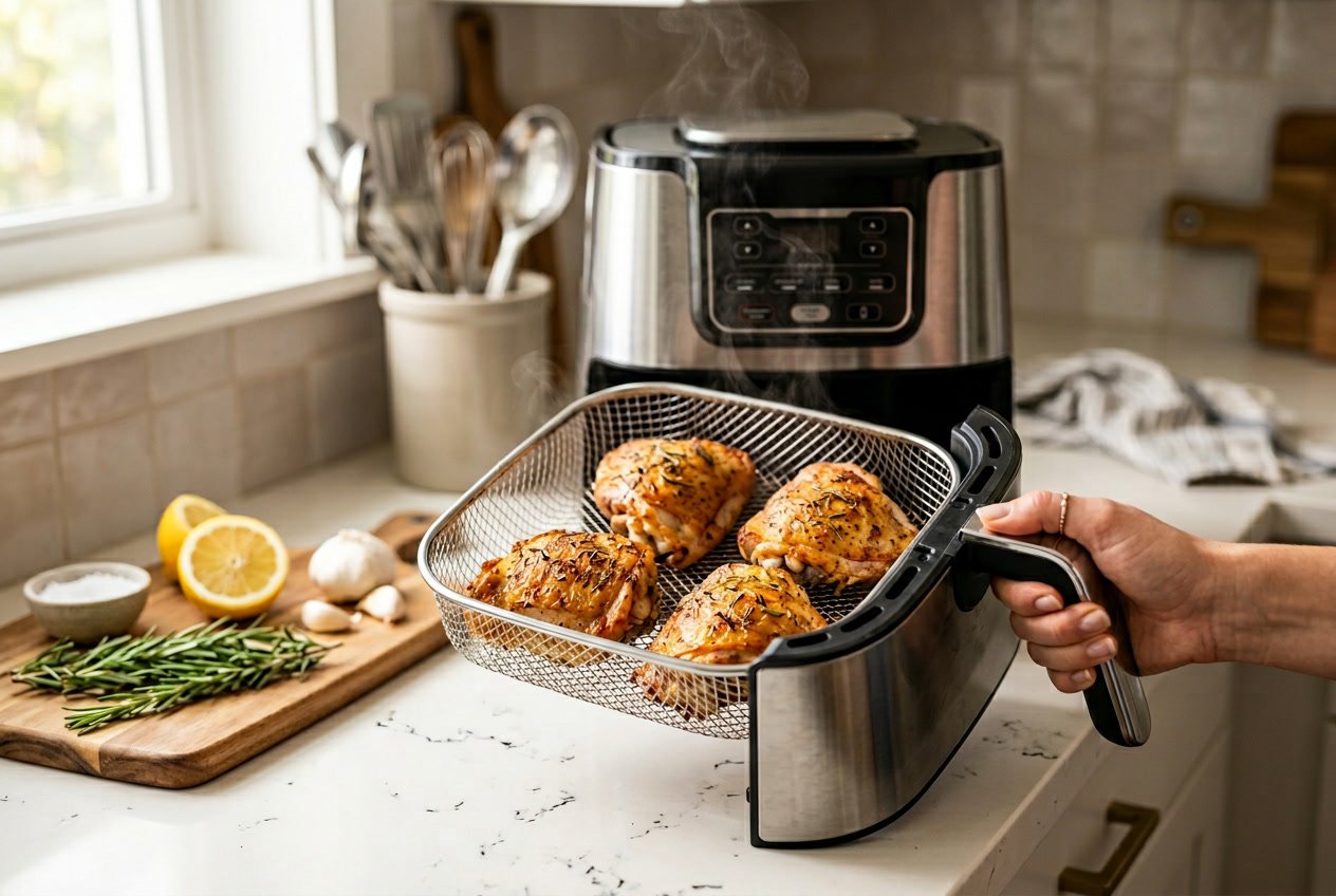 Golden-brown chicken thighs inside an air fryer basket on a kitchen countertop with fresh herbs and lemon nearby.