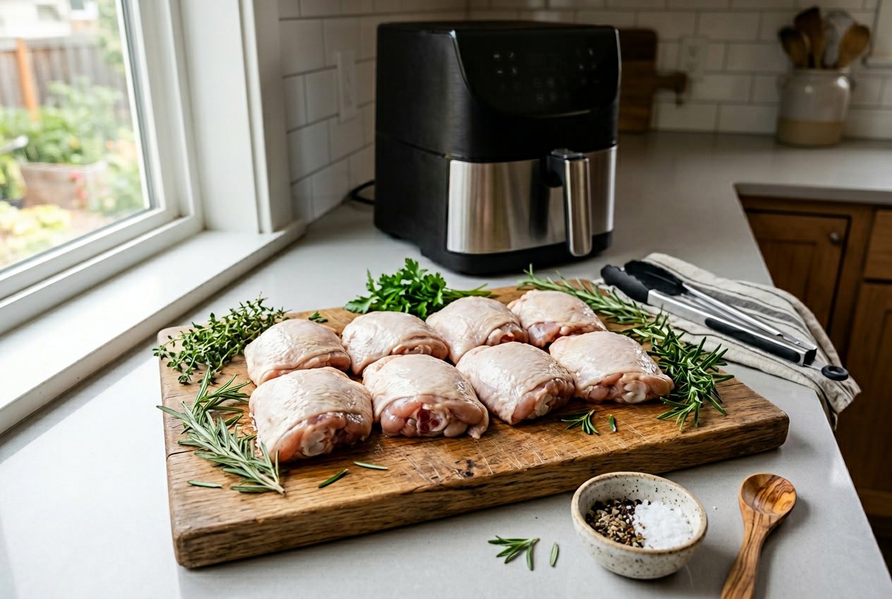 Raw chicken thighs on a wooden cutting board with fresh herbs and an air fryer in the background on a kitchen countertop.