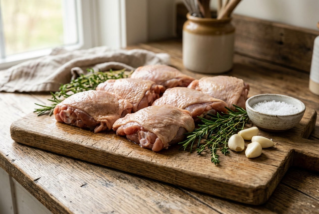Raw chicken thighs on a wooden cutting board with herbs and garlic around them.