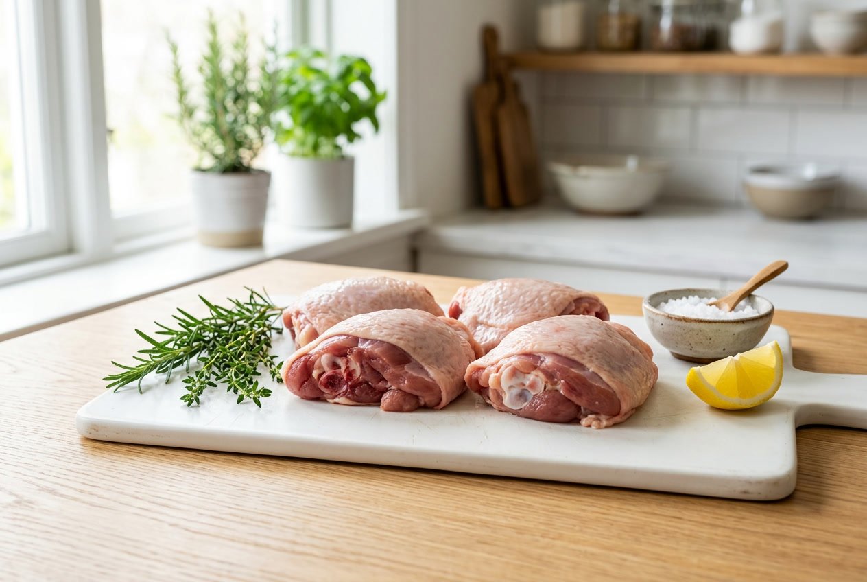 Raw chicken thighs on a white cutting board with fresh herbs and lemon wedge in a kitchen.