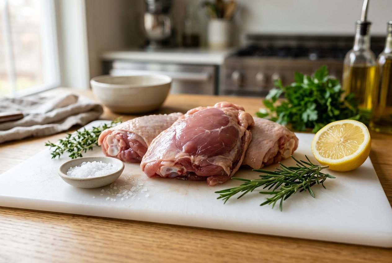 Close-up of raw chicken thighs on a cutting board with herbs and lemon in a kitchen setting.