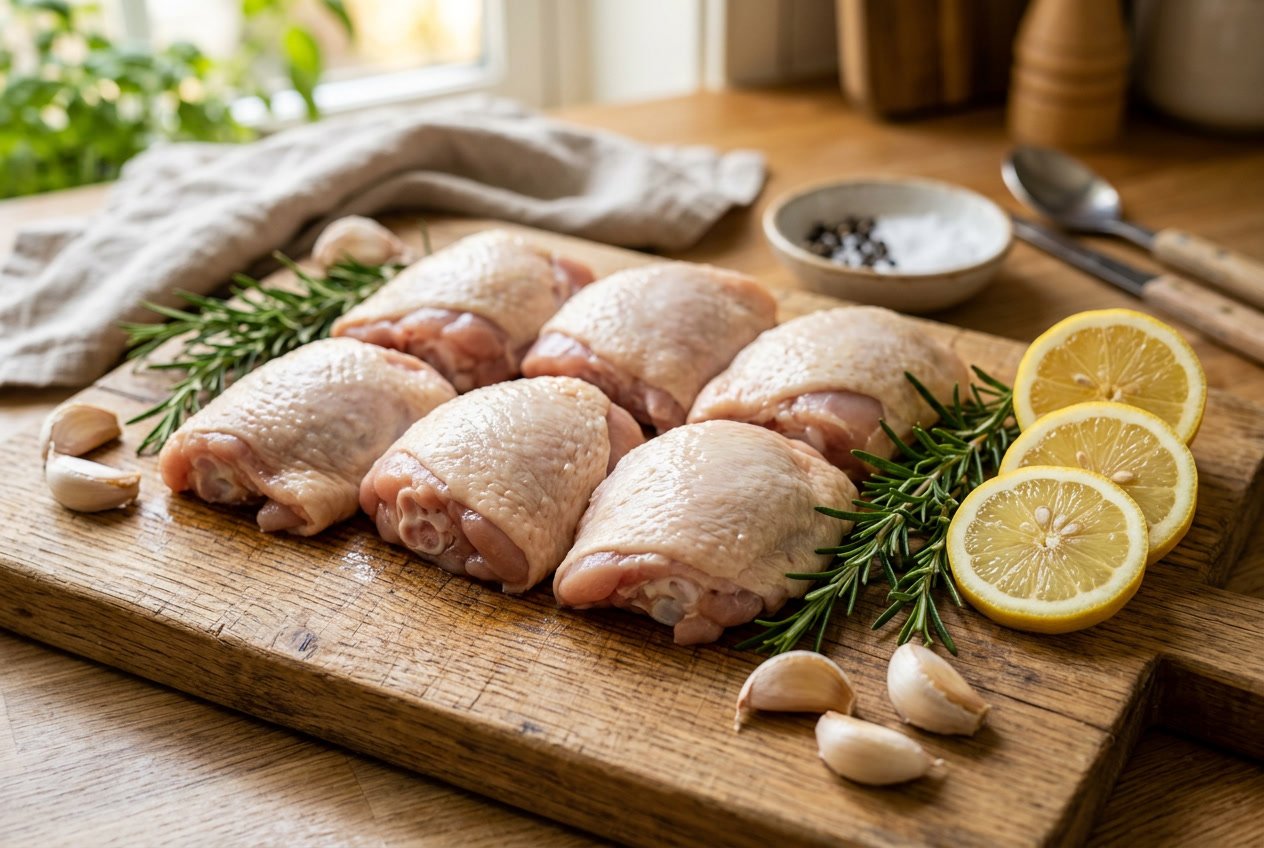 Close-up of raw chicken thighs on a wooden cutting board with fresh herbs and lemon slices in a kitchen setting.