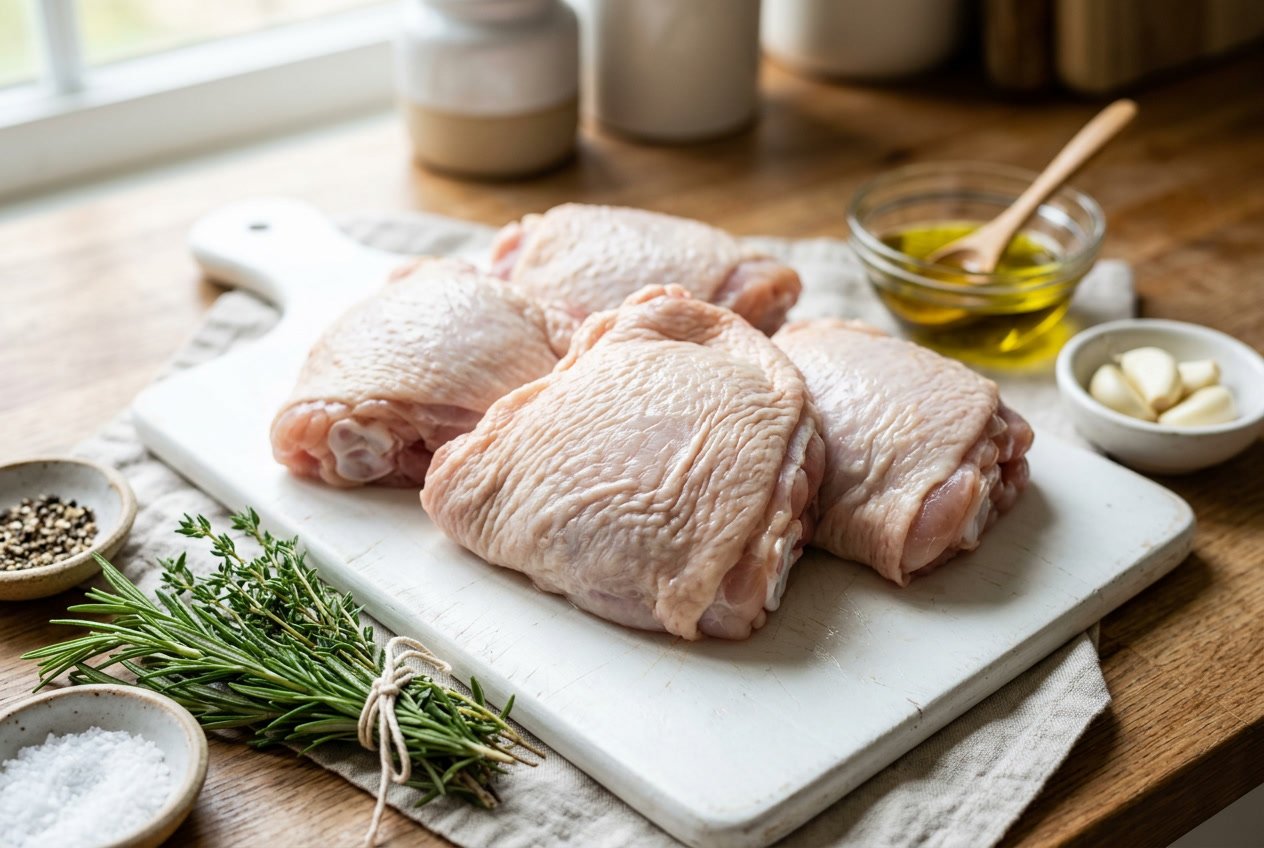 Close-up of raw chicken thighs on a white cutting board with garlic, herbs, olive oil, and salt nearby.