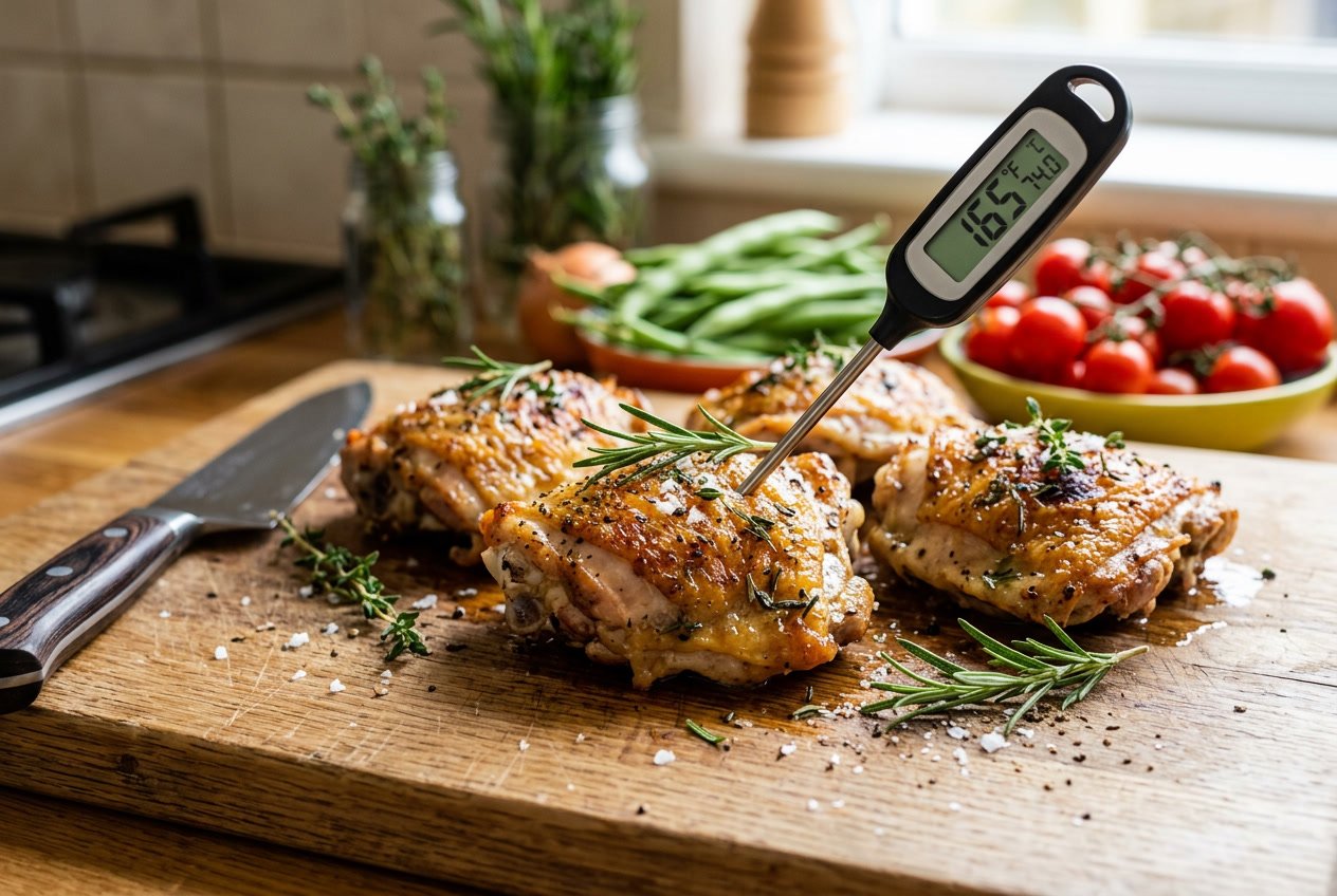 Cooked chicken thighs on a cutting board with a meat thermometer showing the temperature.