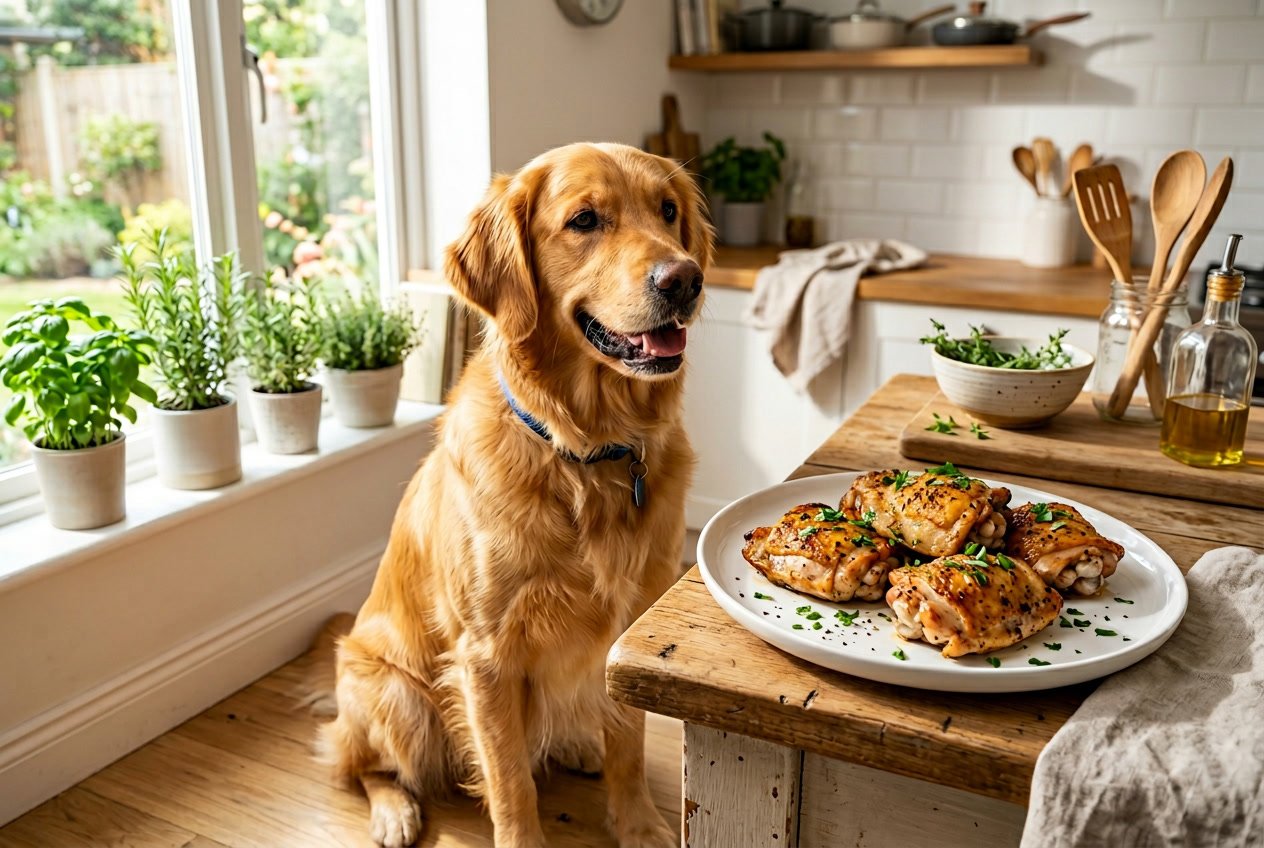 A healthy dog sitting next to a plate of cooked chicken thighs in a bright kitchen.