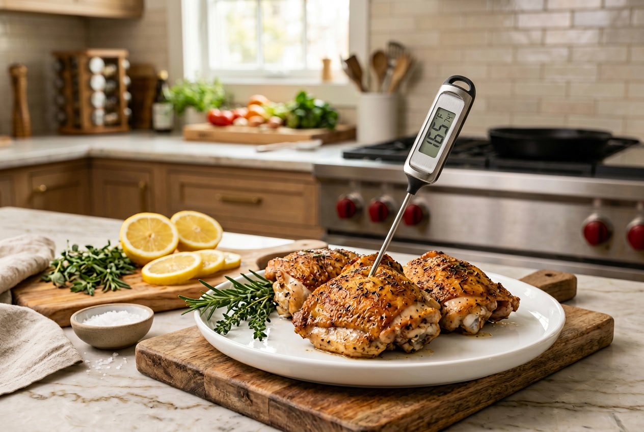 Close-up of cooked chicken thighs on a plate with a digital thermometer showing the safe internal temperature in a kitchen setting.