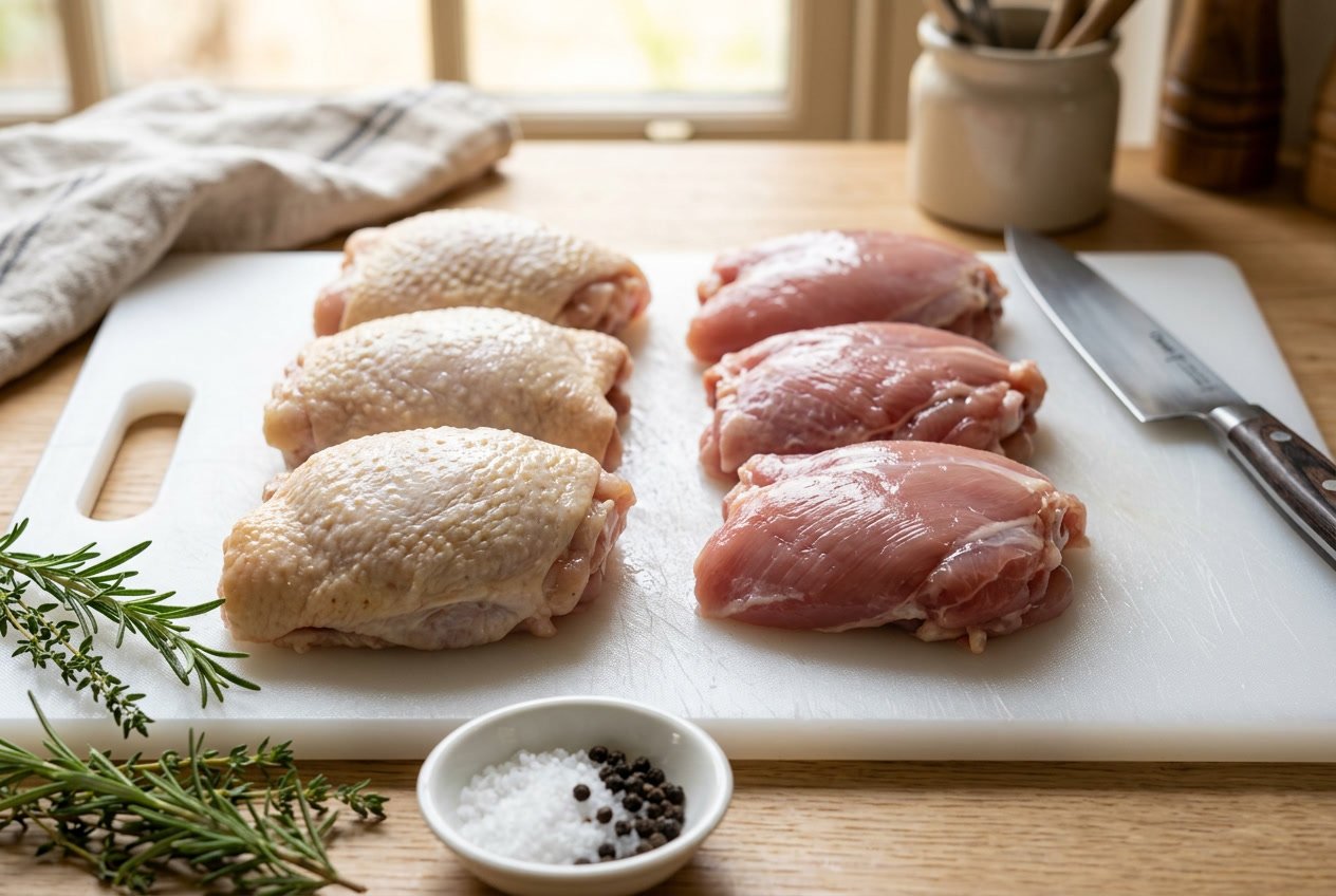 Close-up of raw chicken thighs with skin on and skinless pieces side by side on a cutting board with herbs and a knife nearby.