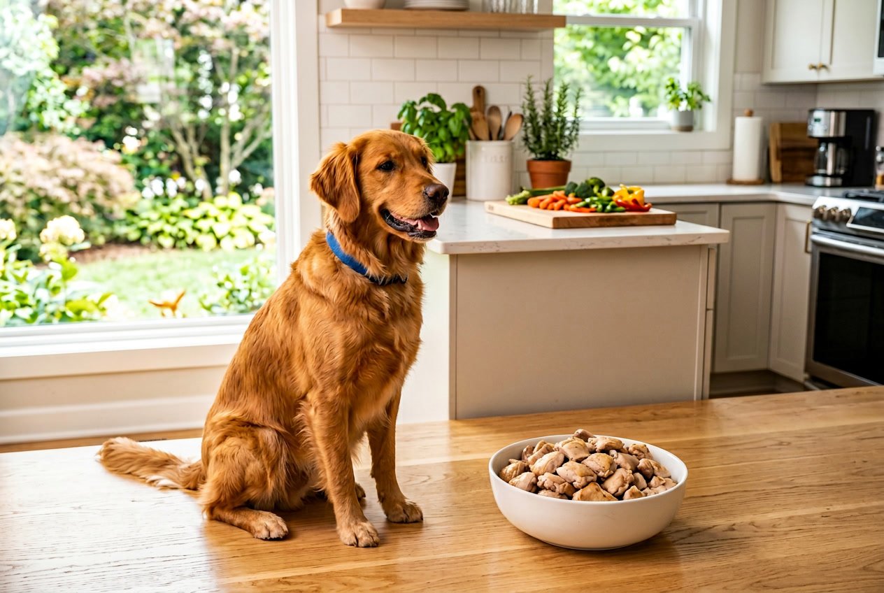 A healthy dog sitting next to a bowl of cooked chicken thighs in a bright kitchen.