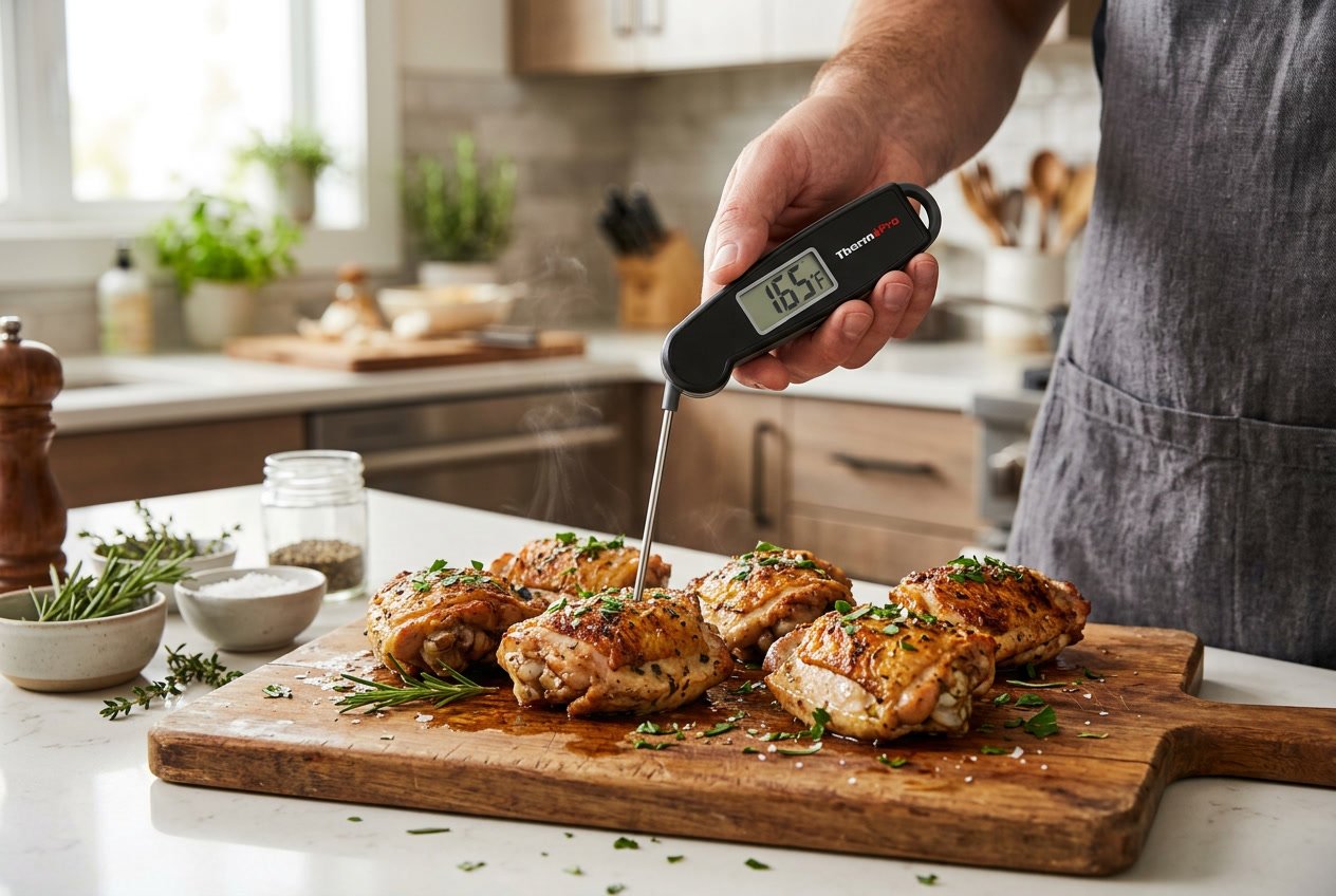 A person measuring the temperature of cooked chicken thighs with a digital meat thermometer in a kitchen.