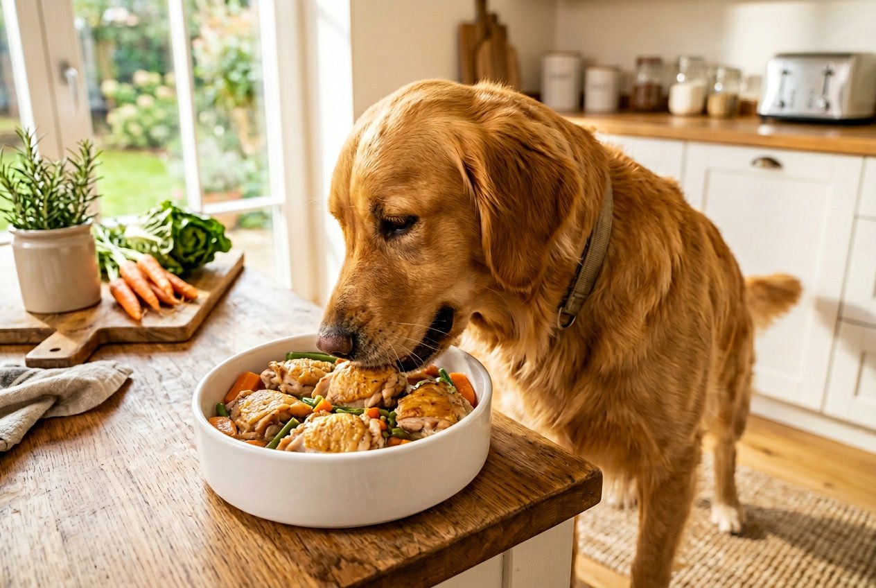 A happy dog eating cooked chicken thighs from a white bowl in a bright kitchen.