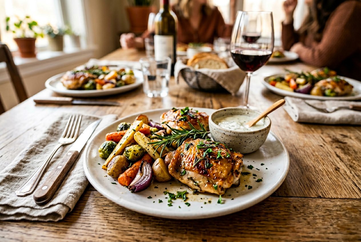 A plate with three cooked chicken thighs garnished with herbs on a wooden table set for a meal with side dishes.