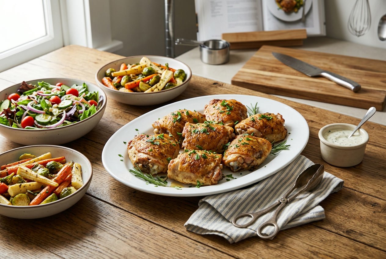 Cooked chicken thighs served on a platter with salad and vegetables on a wooden table in a kitchen setting.
