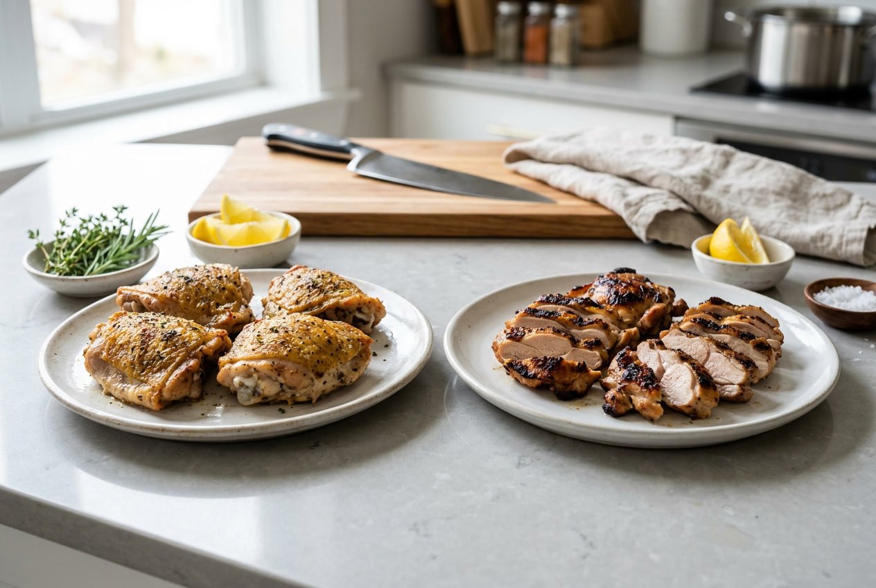 Two plates on a kitchen countertop showing cooked bone-in chicken thighs on one and sliced boneless chicken thighs on the other, with herbs and lemon wedges nearby.