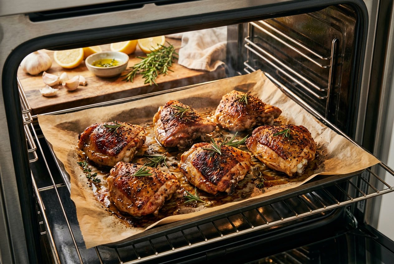 Golden-brown chicken thighs roasting on a baking tray inside an oven with herbs and fresh ingredients nearby.