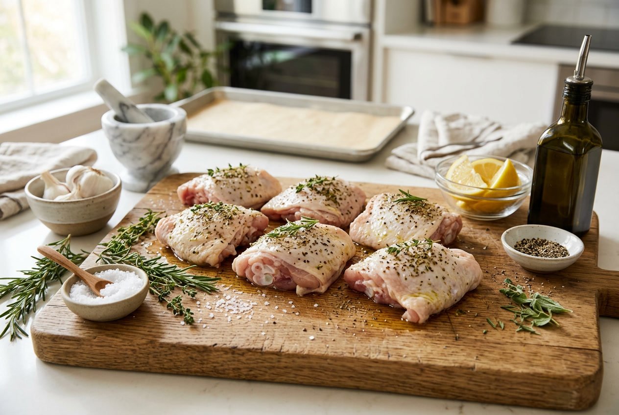 Raw chicken thighs on a cutting board surrounded by fresh herbs, garlic, lemon wedges, olive oil, salt, and pepper on a kitchen countertop.