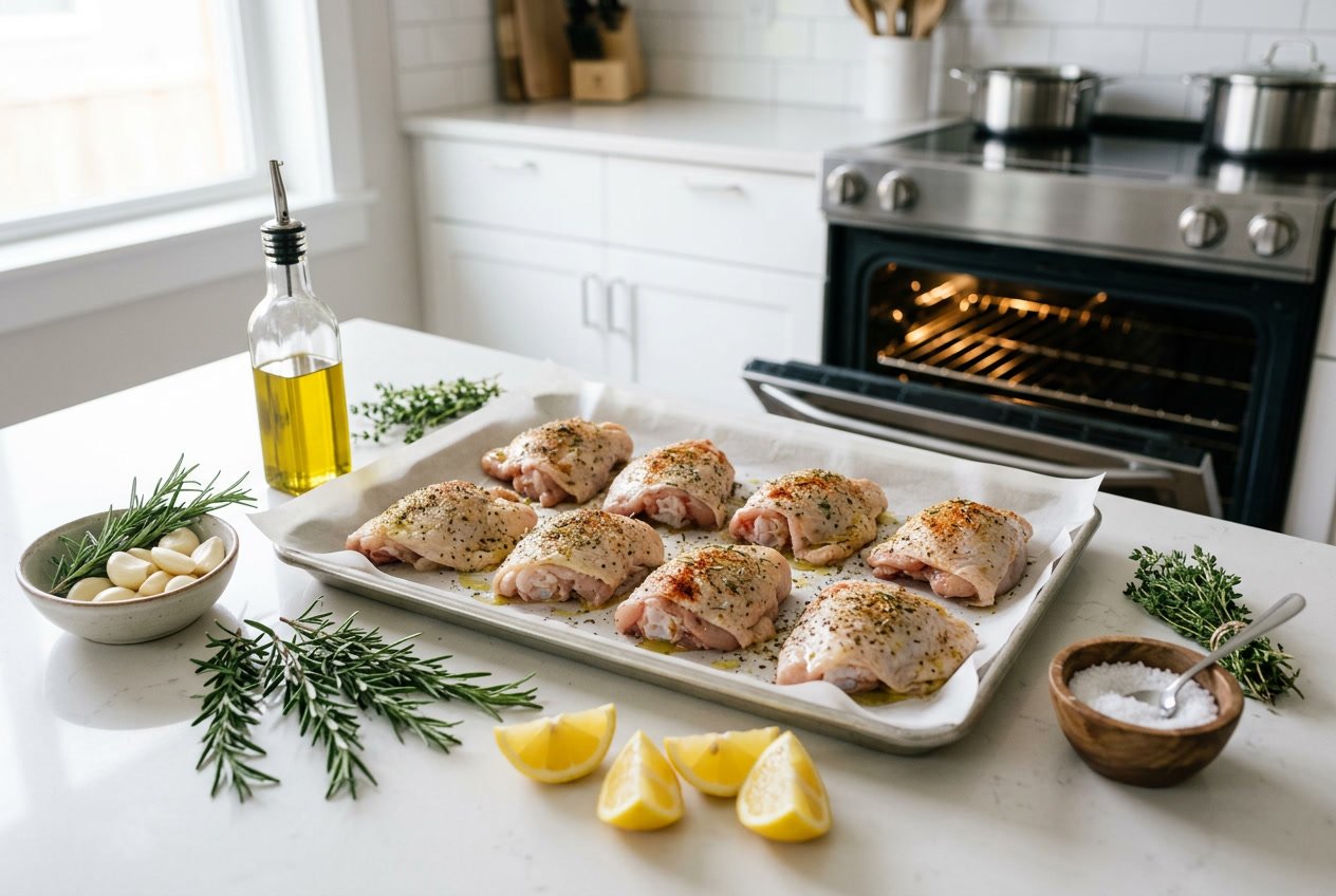 Raw seasoned chicken thighs on a baking tray with fresh herbs and lemon wedges on a kitchen countertop next to an open oven.