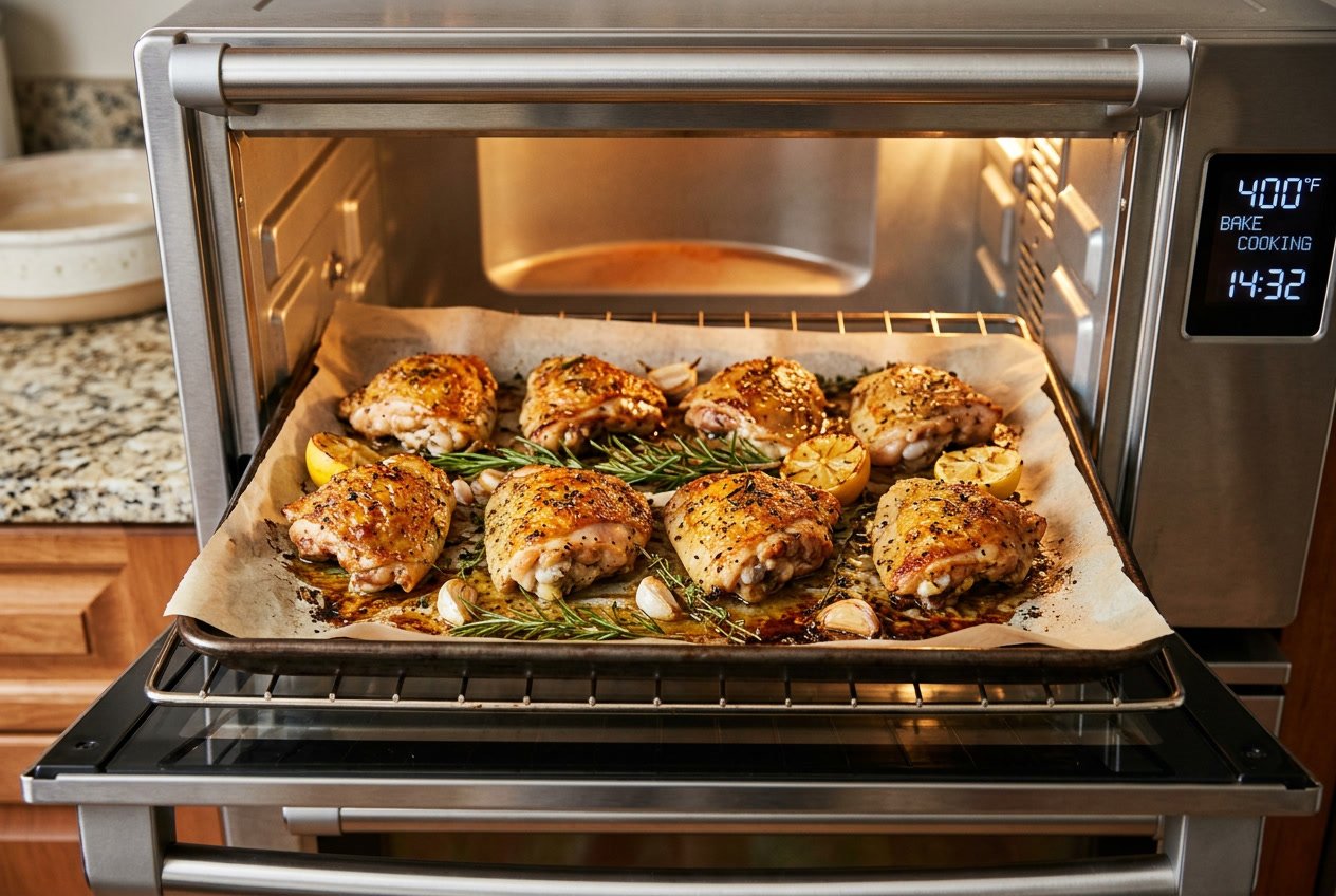 Golden-brown chicken thighs roasting on a baking tray inside an oven with fresh herbs around them.