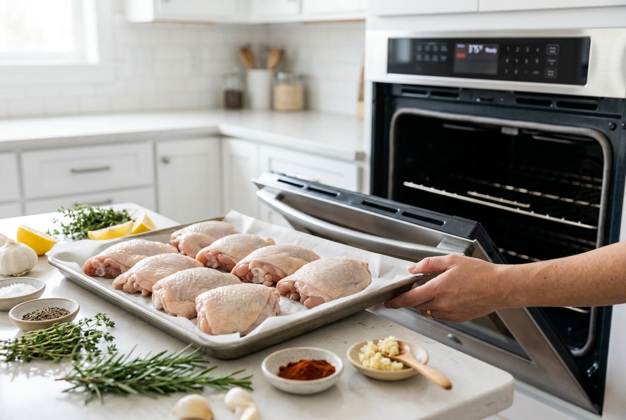 Raw chicken thighs on a baking tray with fresh herbs and spices next to an open oven ready for baking.