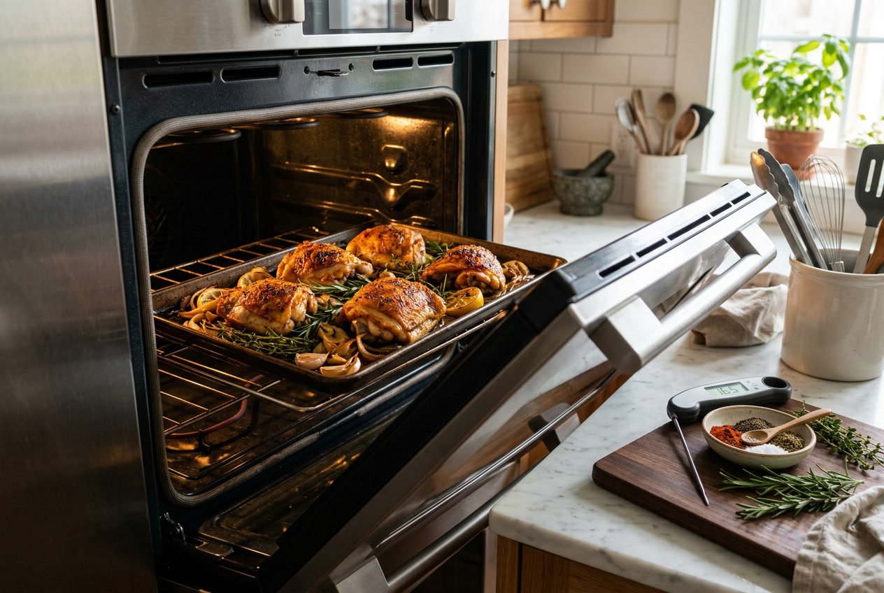 A kitchen oven with golden-brown chicken thighs cooking inside on a tray with herbs and lemon slices.