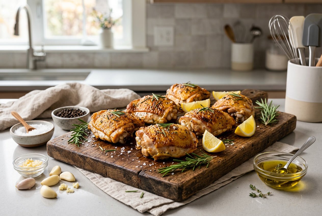 Cooked chicken thighs on a wooden cutting board garnished with rosemary and lemon wedges, with seasoning ingredients nearby on a kitchen countertop.