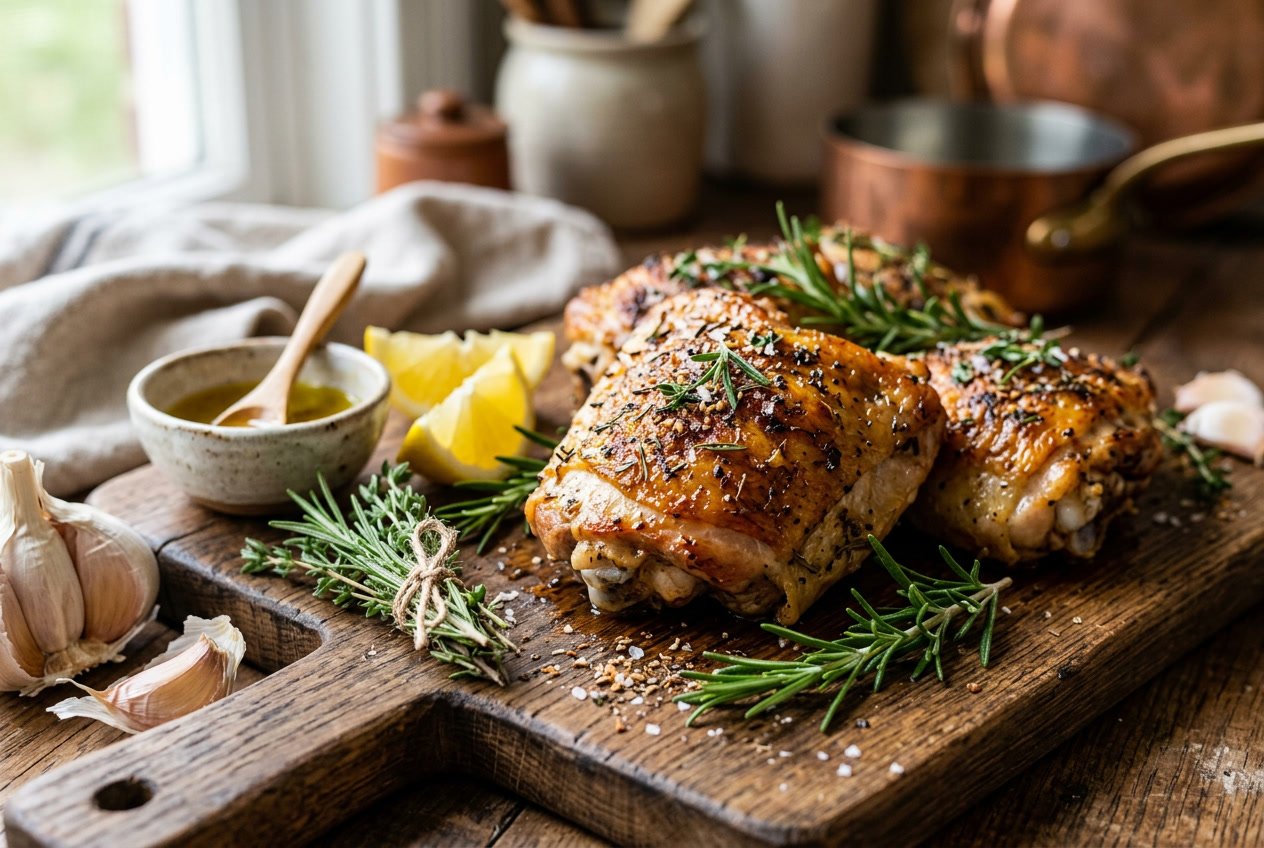 Close-up of cooked chicken thighs on a wooden cutting board garnished with herbs and surrounded by cooking ingredients.