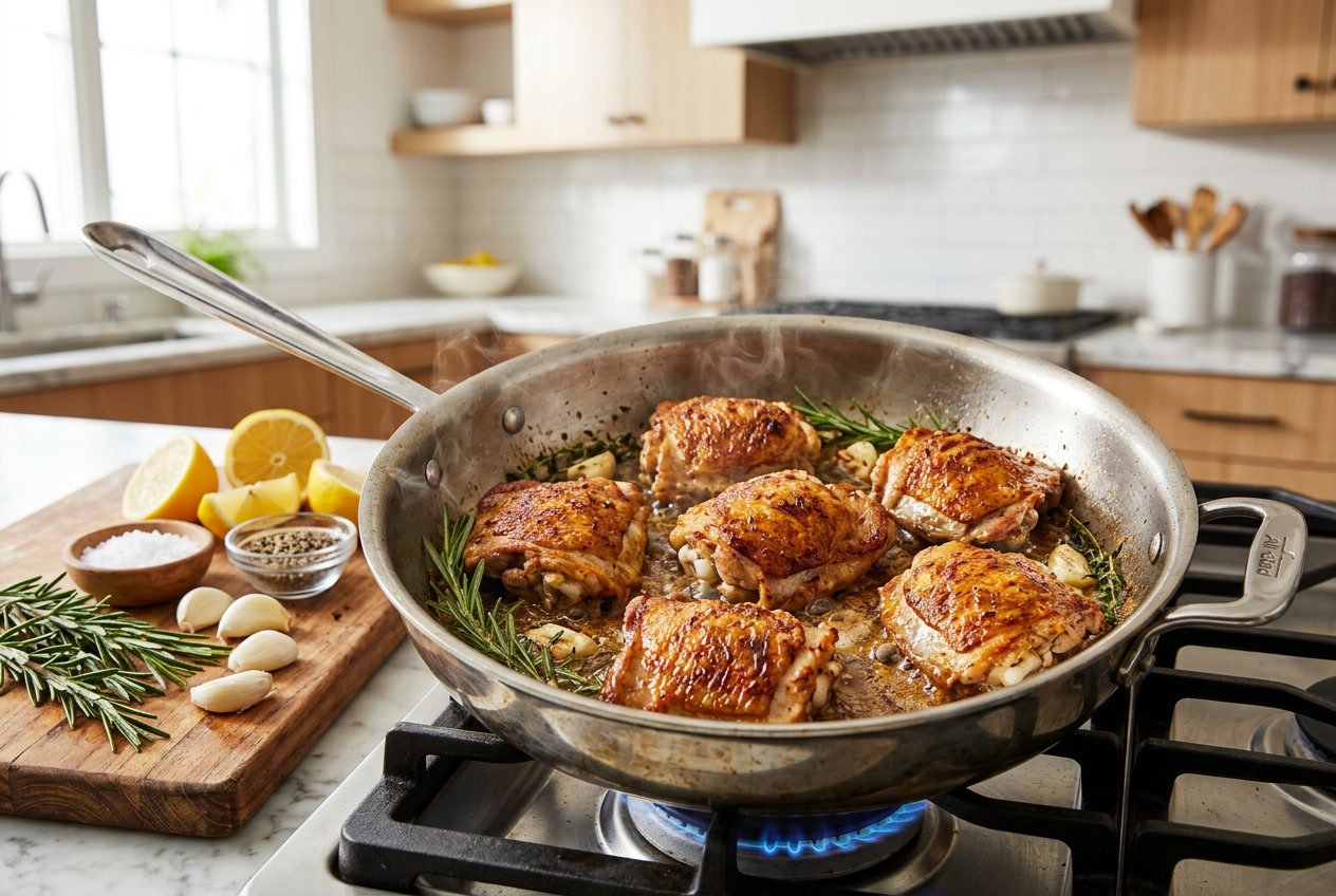 Close-up of cooked chicken thighs sizzling in a pan with fresh herbs and lemon wedges nearby in a kitchen setting.
