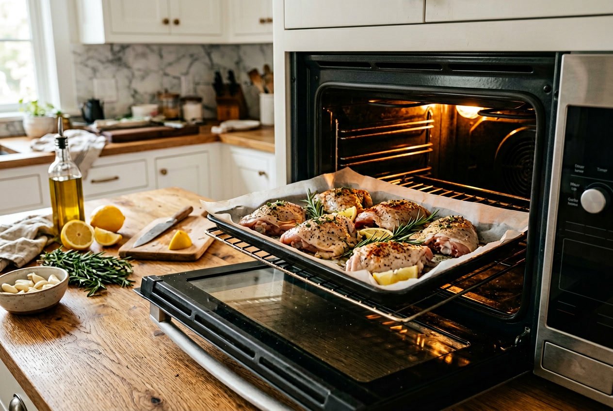 Close-up of raw seasoned chicken thighs on a baking tray inside an open oven with fresh ingredients on a kitchen counter.