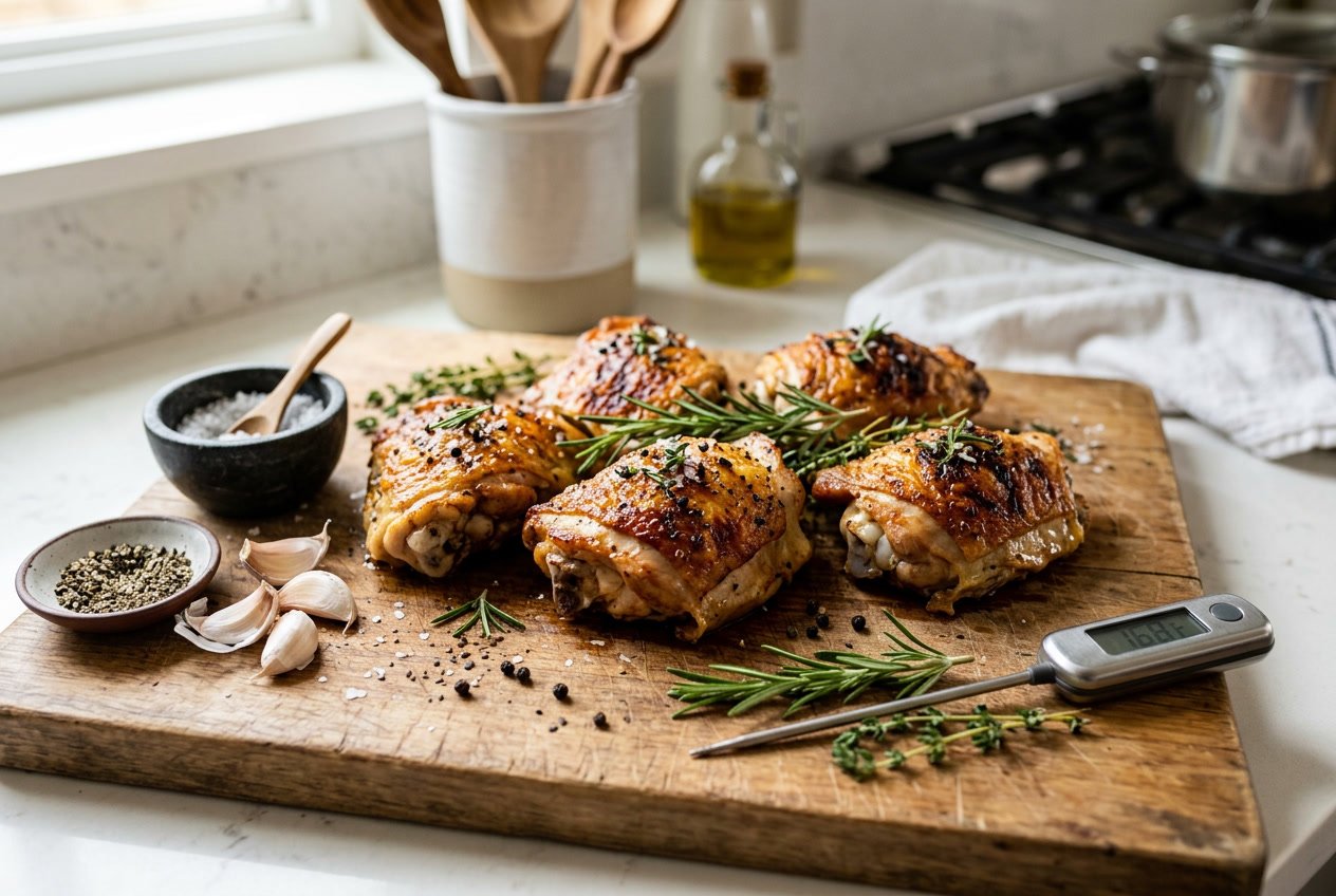 Golden brown cooked chicken thighs on a wooden cutting board with fresh herbs and kitchen ingredients around.