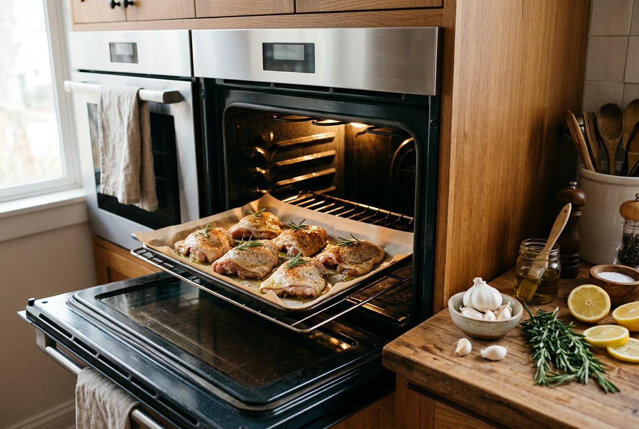 Raw seasoned chicken thighs on a baking tray inside an oven with fresh ingredients on a kitchen countertop.
