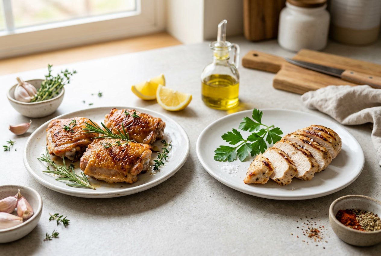 Two plates on a kitchen countertop, one with cooked chicken thighs and the other with grilled chicken breasts, surrounded by fresh herbs and ingredients.