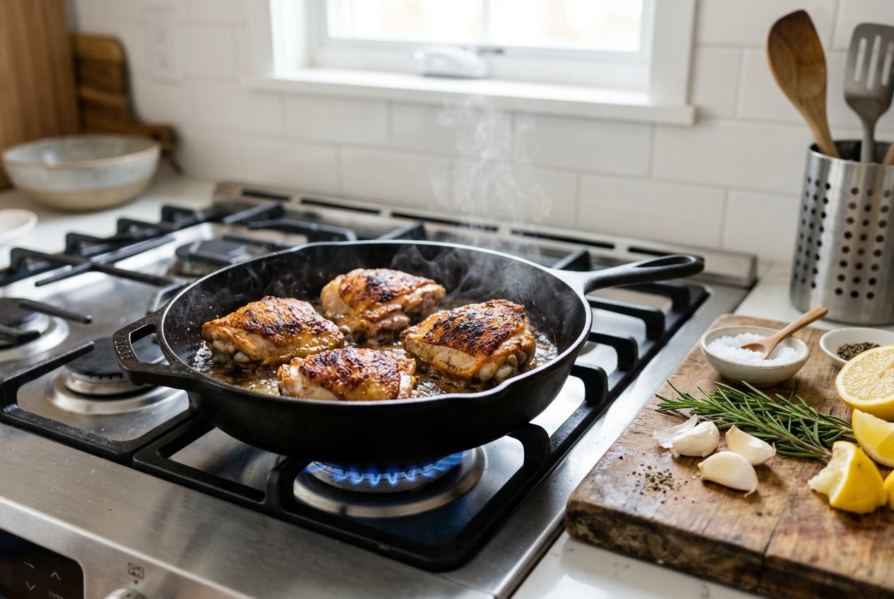 Chicken thighs cooking in a skillet on a stove with fresh herbs and lemon nearby.
