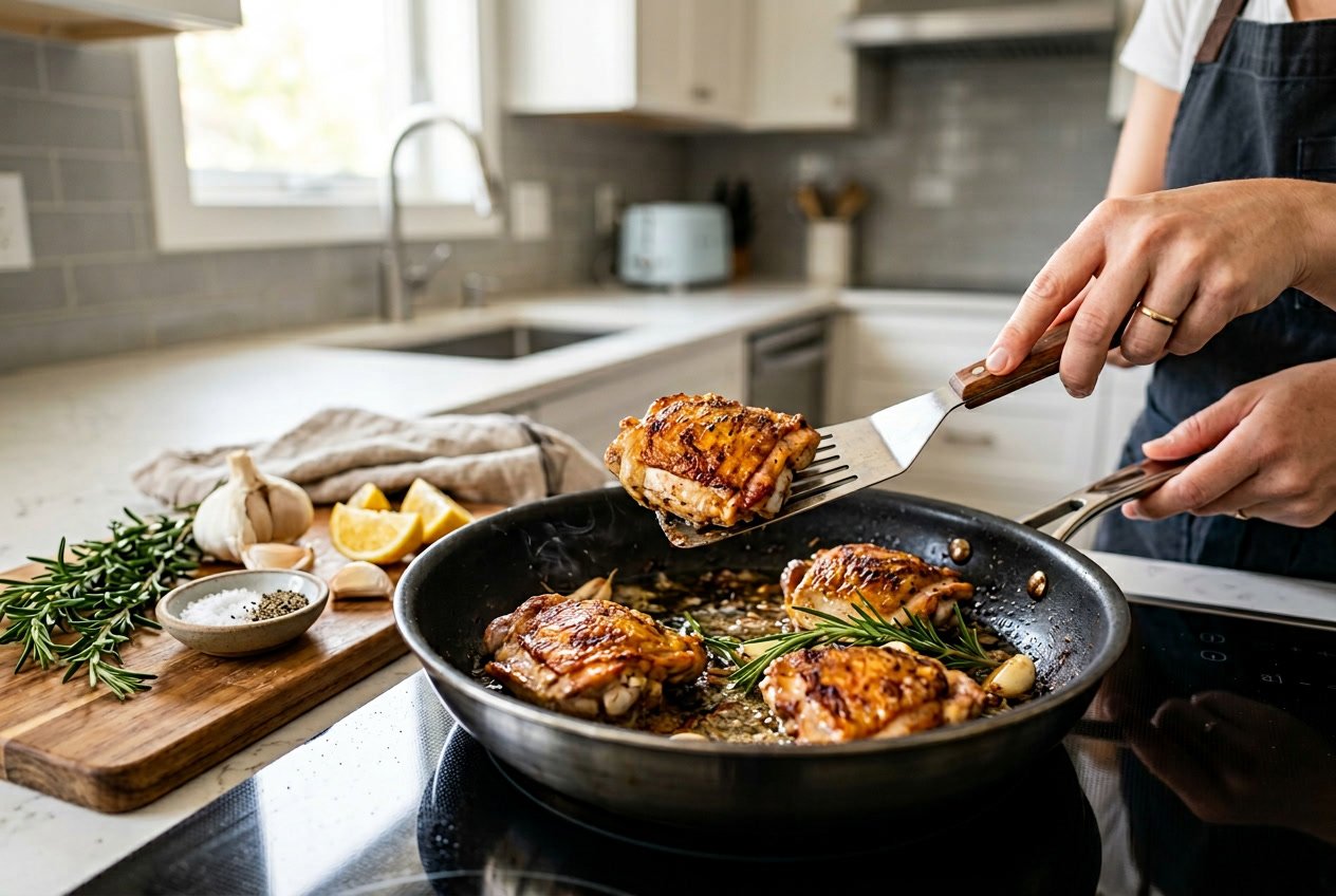 Close-up of chicken thighs cooking in a frying pan on a stove with fresh herbs and lemon slices nearby.