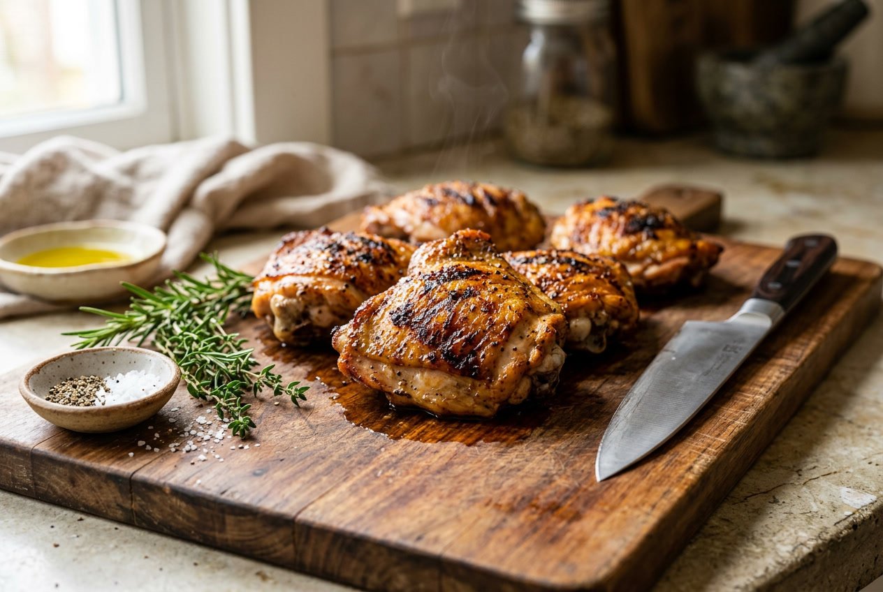 Cooked chicken thighs resting on a wooden cutting board with herbs and a knife nearby.