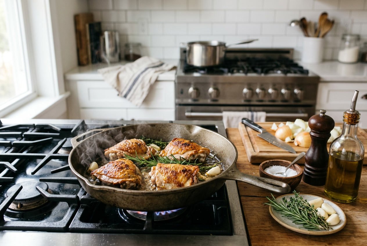 A stovetop skillet with sizzling chicken thighs surrounded by fresh herbs, garlic, salt, pepper, and olive oil on a wooden countertop in a kitchen.
