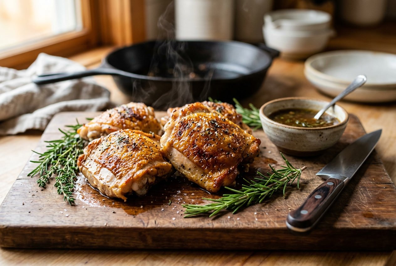 Close-up of cooked chicken thighs resting on a wooden cutting board with herbs and a knife nearby.