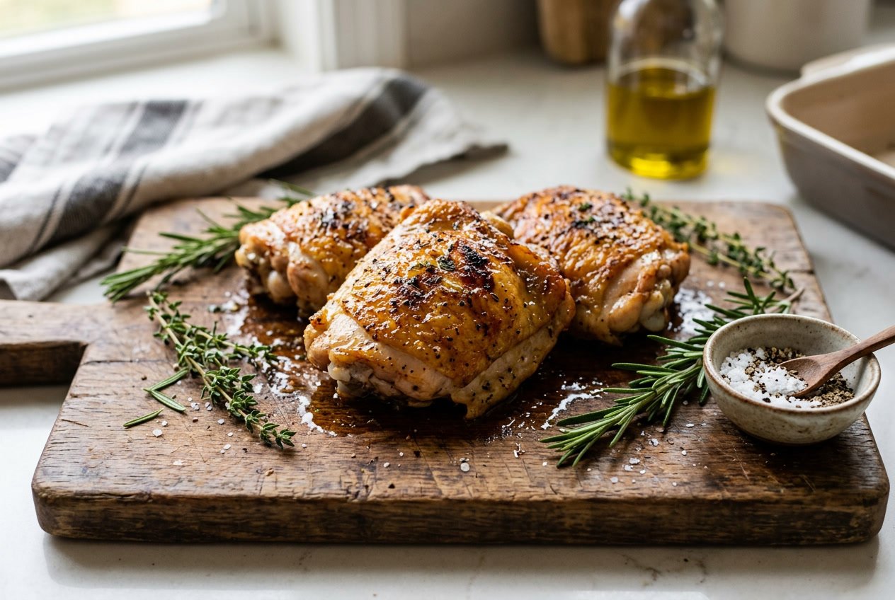 Cooked chicken thighs resting on a wooden cutting board with herbs and salt nearby.