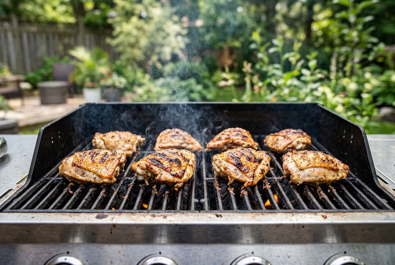 Chicken thighs cooking on a hot outdoor grill with grill marks and smoke rising.
