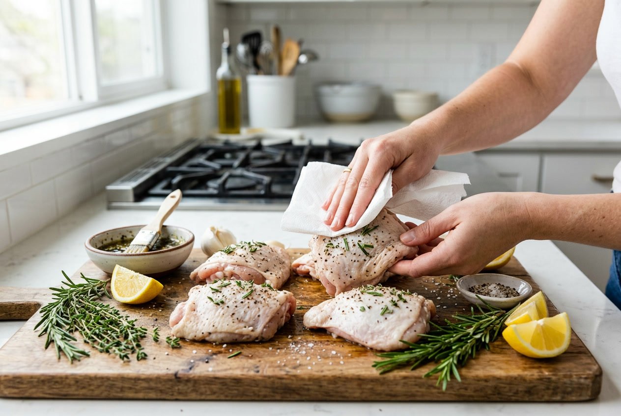 Close-up of hands preparing raw chicken thighs with herbs and lemon on a cutting board in a kitchen.