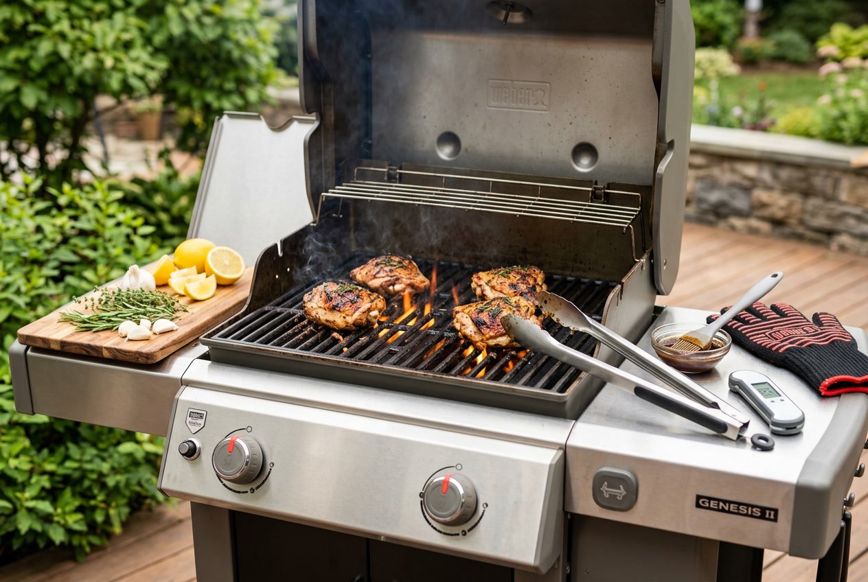 Close-up of chicken thighs cooking on an open outdoor grill with grilling tools and fresh ingredients nearby.