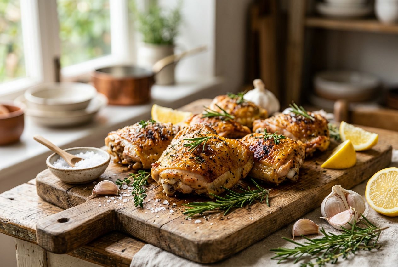 Close-up of cooked chicken thighs on a wooden cutting board garnished with herbs, garlic, and lemon wedges in a kitchen setting.