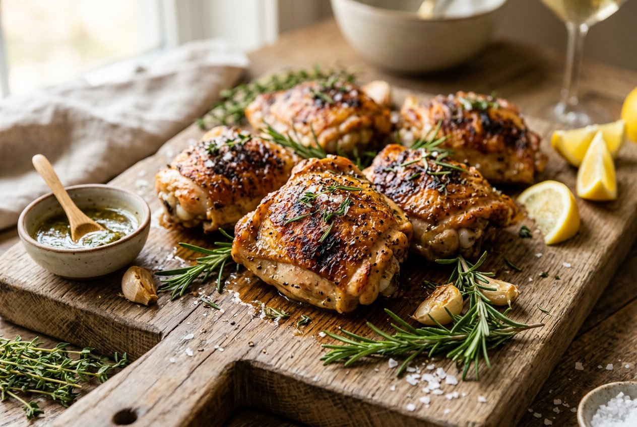 Close-up of cooked chicken thighs on a wooden cutting board garnished with herbs, garlic, and lemon wedges.