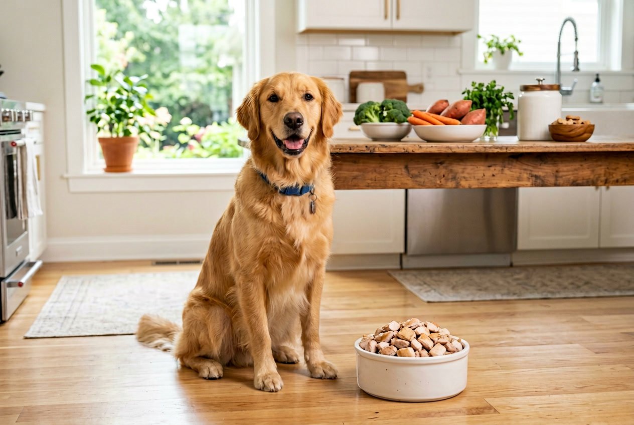 A healthy dog sitting next to a bowl of cooked chicken thighs in a bright kitchen.
