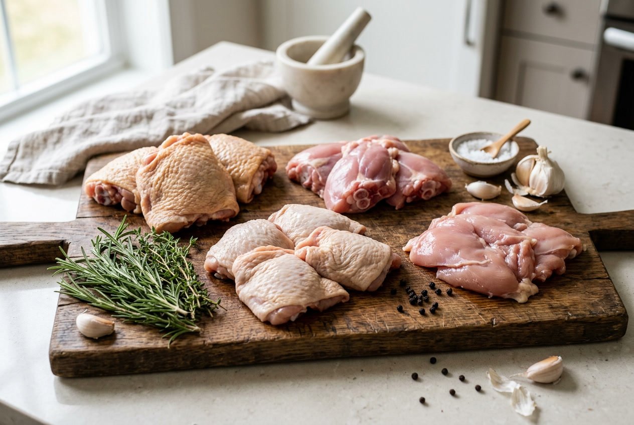 An assortment of different types of raw chicken thighs on a wooden cutting board with fresh herbs and garlic on a kitchen countertop.