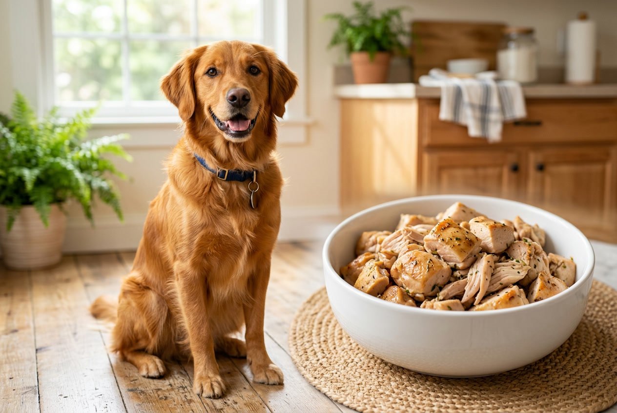 A healthy dog sitting next to a bowl filled with cooked chicken thighs in a bright kitchen.