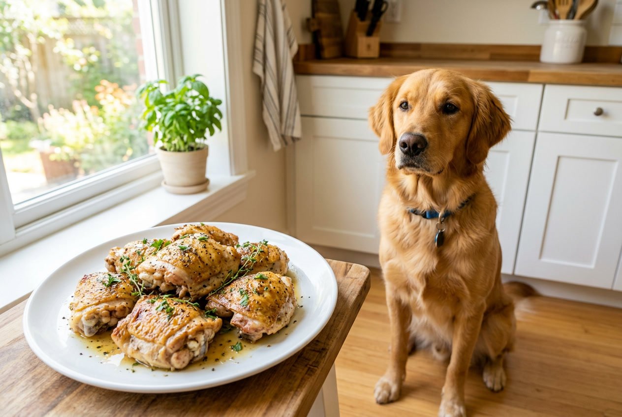 A healthy dog sitting next to a plate of cooked chicken thighs in a bright kitchen.
