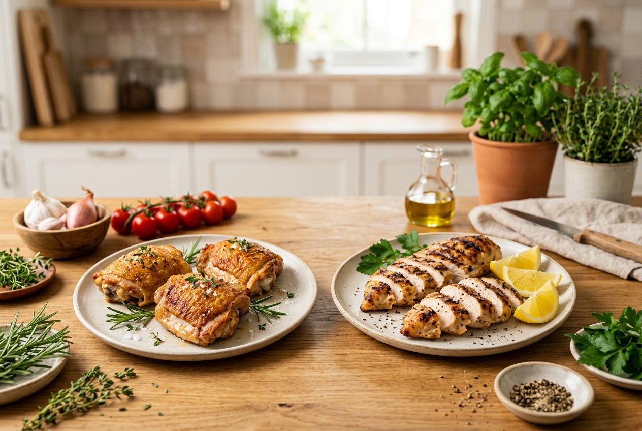 Two plates on a kitchen countertop, one with cooked chicken thighs and the other with sliced chicken breasts, surrounded by fresh herbs and ingredients.